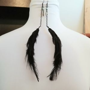 Long Black Feather Chain Earrings w/Pearls
